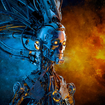 Galactic reaper duality / 3D illustration of scary futuristic science fiction skull faced humanoid cyborg lit by blazing galaxy in outer space