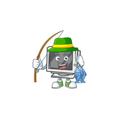 A mascot design of Fishing vintage monitor with 3 fishes