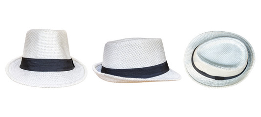 Straw hat in three different angles views isolated on white background