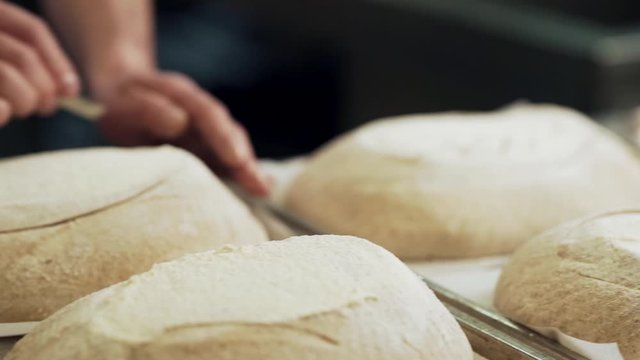 The baker cuts the ear on the bread before baking
