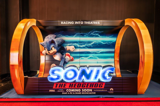 BANGKOK, THAILAND, 20 Feb 2020 - A beautiful standee of a movie called Sonic the hedgehog display at the cinema to promote the movie