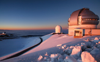 Snowy Mauna Kea Observatory at Sunset (Gemini North Telescope)