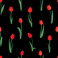 Floral seamless pattern with red tulip flowers and green leaves isolated on black background. Endless texture for spring or summer design. Bright fabric print for greeting card template. Womens Day.