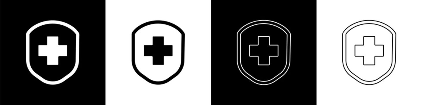 Set Medical shield with cross icon isolated on black and white background. Protection, safety, password security. Vector Illustration