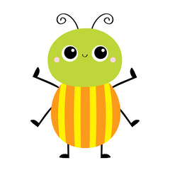 Cartoon beetle bug. Insect animal. Cute kawaii smiling baby character. Green orange yellow color. Education cards for kids. White background. Isolated. Flat design.