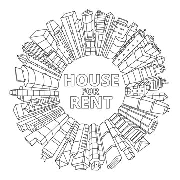 House For Rent. Rental Apartment. Buildings City Circle Frame. Real Estate. Sketch Hand Drawn Black Line.