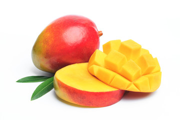 Mango fruit and mango cubes. Isolated on a white background. - Image