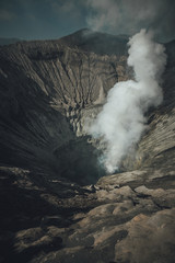 View of Bromo's crater with the vapor in Java, Indonesia.
