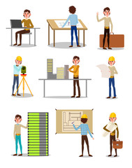 Set of men engineers during work vector illustration