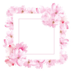 Frame with watercolor hand draw spring flowers and leaves, for wedding design, print, invitation.