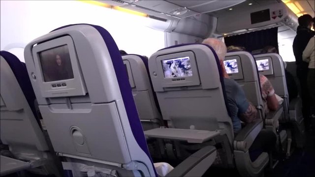Inside view of Lufthansa intercontinental flight with biggest air plane in the world. Airbus A380.