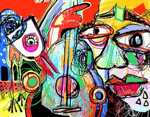 Cercles muraux Pour elle style original de cubisme de peinture numérique d& 39 un homme joue de la guitare et un oiseau fantastique écoute sa chanson