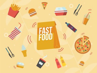 Fast Food Cafe Banner, Street Food Restaurant Meals and Drinks Menu Banner, Poster. Cafeteria Paper Packet, French Fries Portion, Sliced Pizza, Coffee, Cola and Juice Cup Flat Vector Illustration