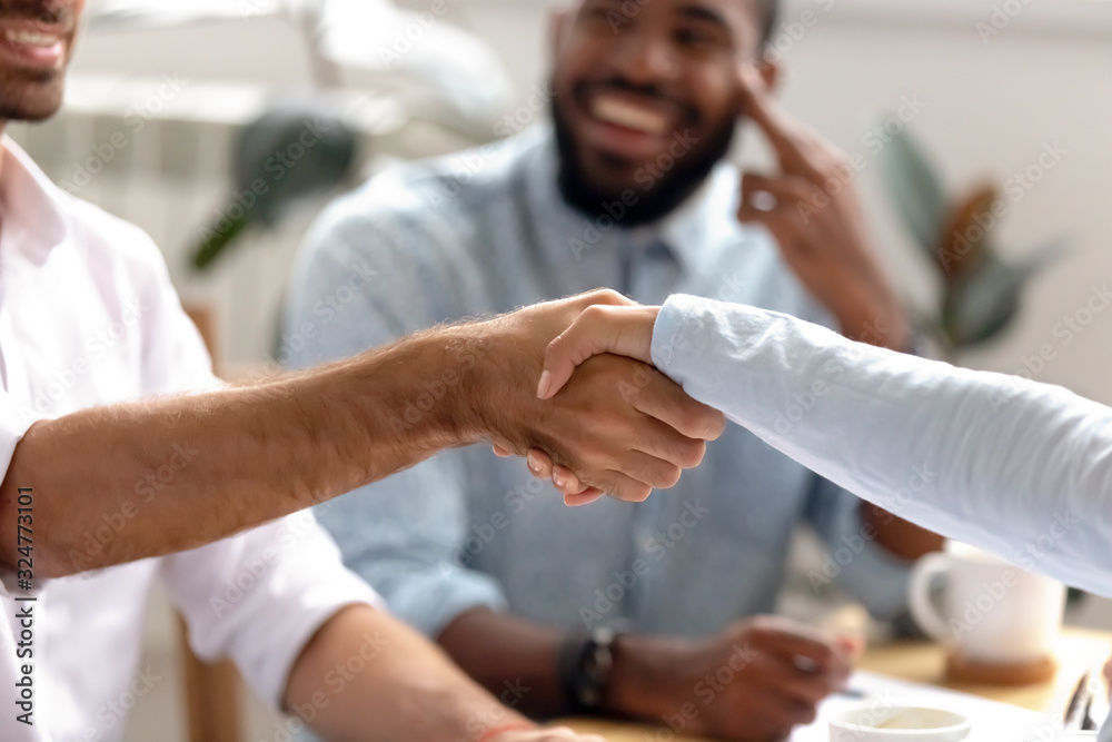 Poster Close up businessman shaking hand of business partner at meeting