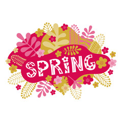 Text spring on a bright pink banner decorated with flowers, leaves and herbs. Hand drawn vector illustration. Scandinavian simple style. Floral frame. T shirt print, card, banner design element.