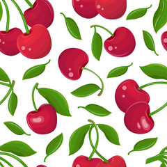 Seamless pattern of red cherries on a white background. Garden berry with a leaf on the stem. Sweet fruit cartoon. Berry background. Hand drawn vector illustration. Textile, wallpaper, wrapping paper.