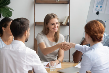 Smiling businesswoman shaking hand of business partner at meeting