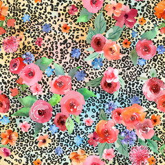 Roses and animal print, seamless pattern, floral and leopard background