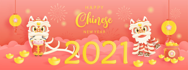 Happy Chinese New Year with year of ox. 2021 for card and banner. Vector illustration