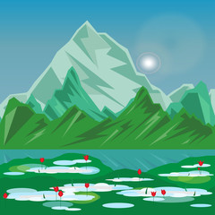 Spring mountain landscape. Green mountains peaks reflects in a clear water. Glade of tulips and melting snow in the foreground