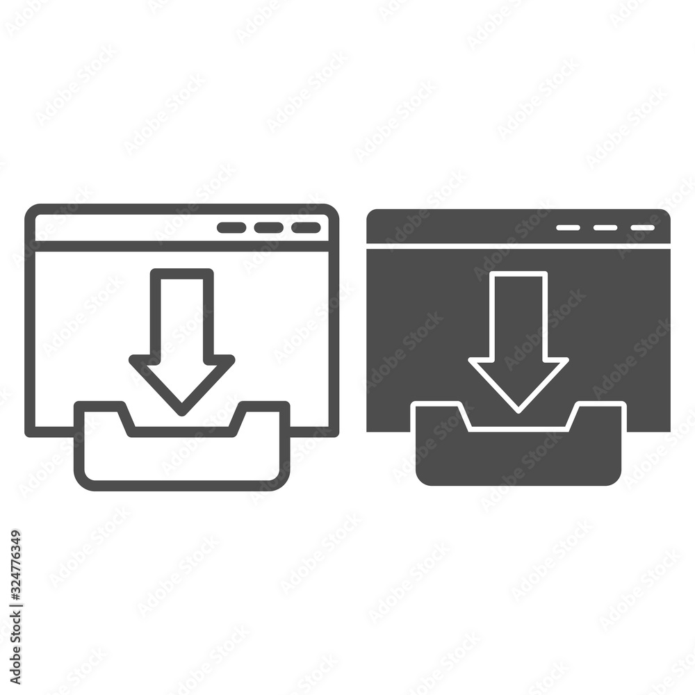 Poster download window line and solid icon. browser page with upload file sign. internet technology vector 