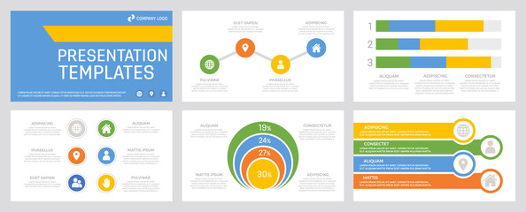 Set of yellow, green, blue and orange elements for multipurpose presentation template slides with graphs and charts.