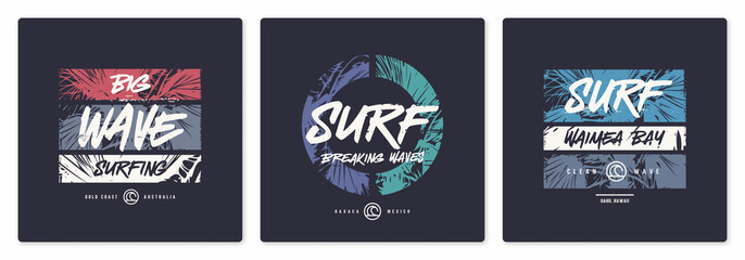 Collection of three vector graphic t-shirt designs, posters, prints on the theme of surfing - obrazy, fototapety, plakaty