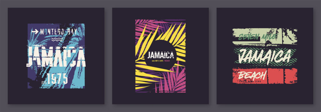 Collection of three vector graphic t-shirt designs on the theme of Jamaica vacation