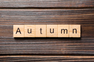 Autumn word written on wood block. Autumn text on wooden table for your desing, concept