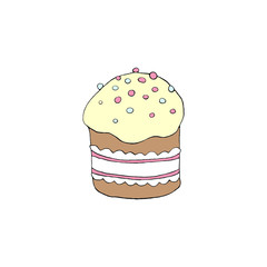Color Easter cake or sweet bread or Paska. Simple hand drawn illustration. Traditional orthodox food in cartoon style