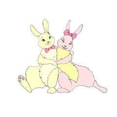 Cute hugging rabbits, hares. Symbol of love, romance. Illustration for Valentine's Day, Easter, sticker, greeting card, web. Doodle hand drawn