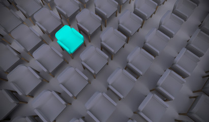 Concept or conceptual blue armchair standing out in a  conference room as a metaphor for leadership, vision and strategy. A  3d illustration of individuality, creativity and achievement