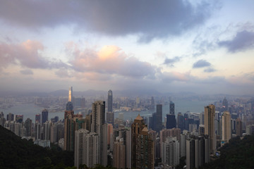 Fototapeta na wymiar View of Hong Kong city and Victoria harbour from Victoria peak