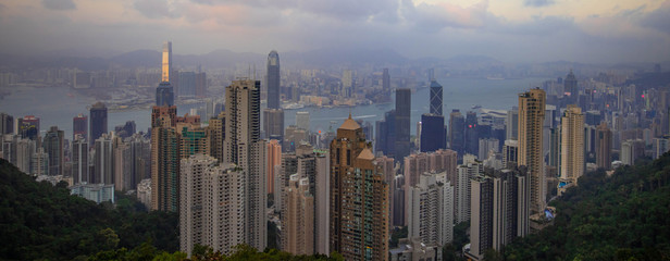 Panorama. View of Hong Kong and Victoria harbour from Victoria peak