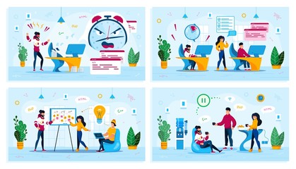 Office Communication, IT Project Development, Ideas Brainstorming, Stress on Work Trendy Flat Vector Concepts Set. Coworkers on Lunch, Web Developers Meeting, Freelancer Failing Deadline Illustration