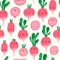 Radishes - cute vector seamless pattern. Cartoon vegetables background.