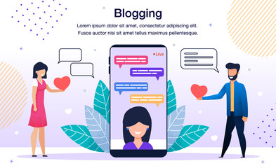 Blogging with Smartphone, Popularity in Social Media, Audience in Social Network Banner, Poster. Users, Bloggers Followers or Subscribers Chatting During Live Stream Trendy Flat Vector Illustration