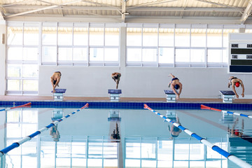 Swimmers plunging in the pool