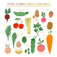 Seasonal Spring Fruits and Vegetables - illustrated collection. Super cute vector set of Smiley Cartoon Food. 