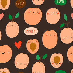 Cute seamless pattern with summer fruit. Vector texture with Smiley Peach and speech bubbles in cartoon style.