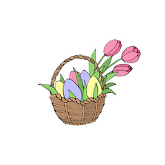 Obraz premium Happy Easter. Simple color Basket with eggs and Tulip flowers. Design element for spring, holiday, sticker, icons, greeting card