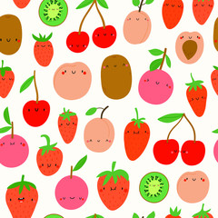 Super cute Fruits vector pattern. Spring seasonal fruits in cartoon childish style - Peach, Cherry, Strawberry, Grapefruit, Kiwi. Fresh organic food background.