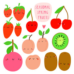 Spring seasonal Fruits collection. Vector hand drawn cute Fruits with smiley faces - Cherry, Strawberry, Peach, Kiwi, Grapefruit.