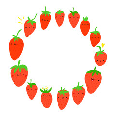 Simple and cute vector round Strawberry Fruits frame. Seasonal Spring Berries in round geometrical shape.
