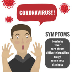 Сoronavirus 2019 nCoV concept. Surprised and frightened man. Dangerous chinese nCoV coronavirus, SARS pandemic risk alert. Vector illustration