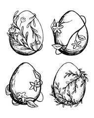 Hand drawn vector illustrations collection. Easter eggs with flowers and plants. Set of contour sketch drawings. Isolated elements for design, cards, print, stickers, banner. Vintage, engraving style.