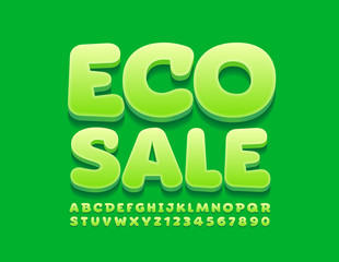 Vector fresh logo Eco Sale with Green 3D Font. Trendy Uppercase Alphabet Letters and Numbers.