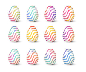 Easter eggs set, 3d realistic gradient with waves zigzag. Vector illustration.