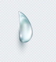 Water rain drop isolated on transparent background. Realistic pure droplet. Vector blue clear bubble or dew template..