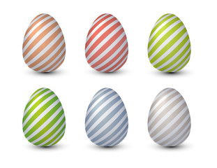 Realistic easter eggs set with stripes in modern snorkel palette. Vector illustration.